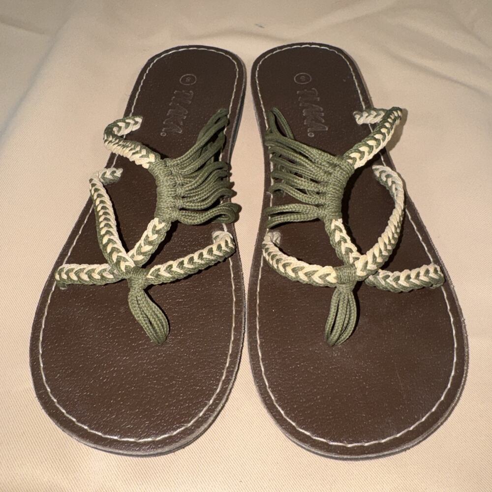 Plaka Braided Rope Sandals Women’s Size 8 Green Boho Beach Comfort Flip Flops